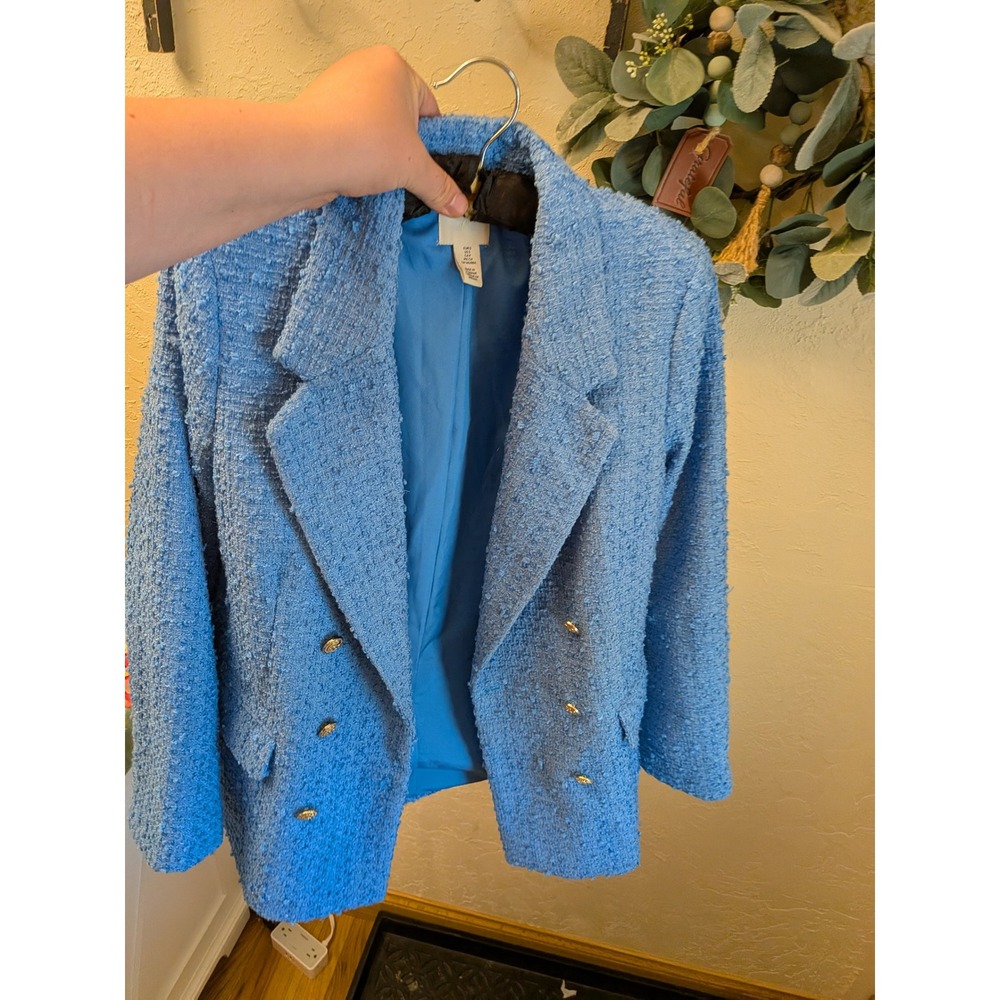 HM Womens Blue Tweed Double Breasted Blazer Gold Buttons Textured Jacket Small‎